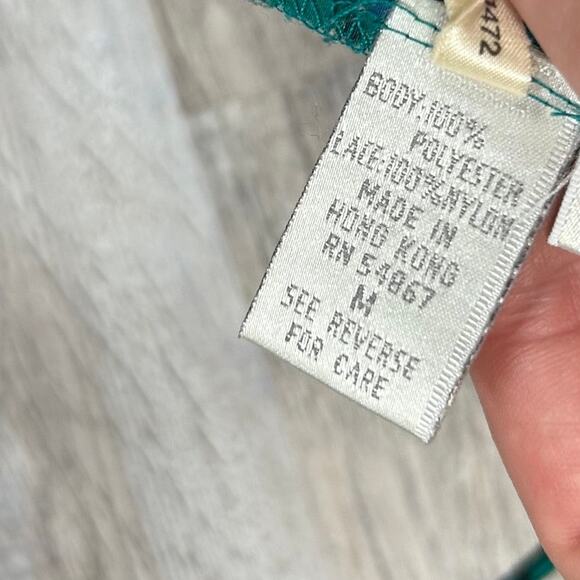 Vintage Cacique Satin Lace Slip Dress Floral Teal Black Lingerie M - Picture 6 of 7